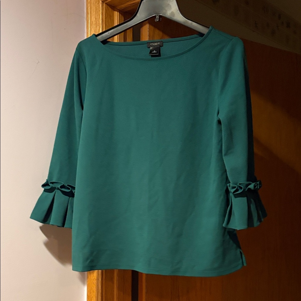 Ann Taylor Green Blouse with Ruffle Sleeves
